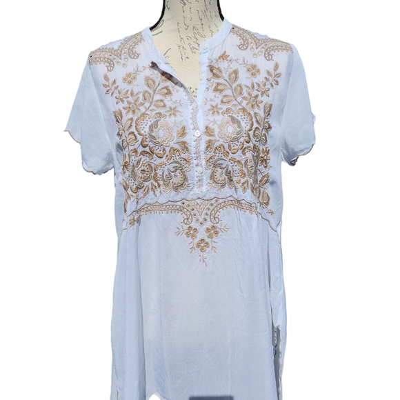 Johnny Was Eyelet Floral Embroidered Tunic Top 1/2 Button Front White Size Small - Picture 5 of 9